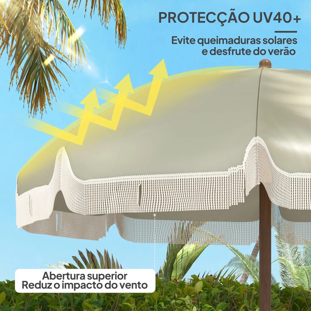 Chapéu de Sol de Praia Ø190x210 cm com 8 Varas Abertura Manual Anti-UV Impermeável e Bolsa de Transporte para Jardim Verde claro