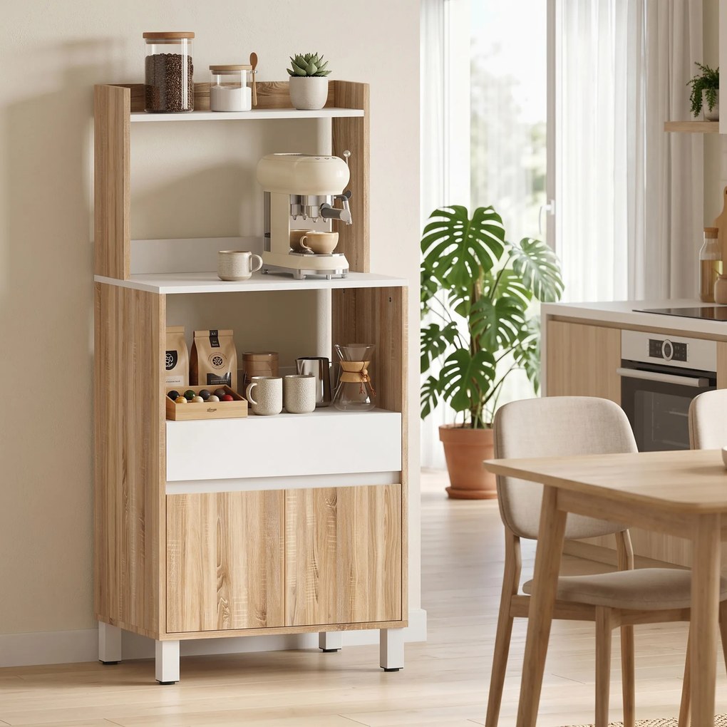 Móvel para micro-ondas 60 (L) x 40 (P) x 131 (A) cm, aparador de cozinha com gaveta, 2 portas com fecho suave, bancada e prateleiras abertas, cor carv