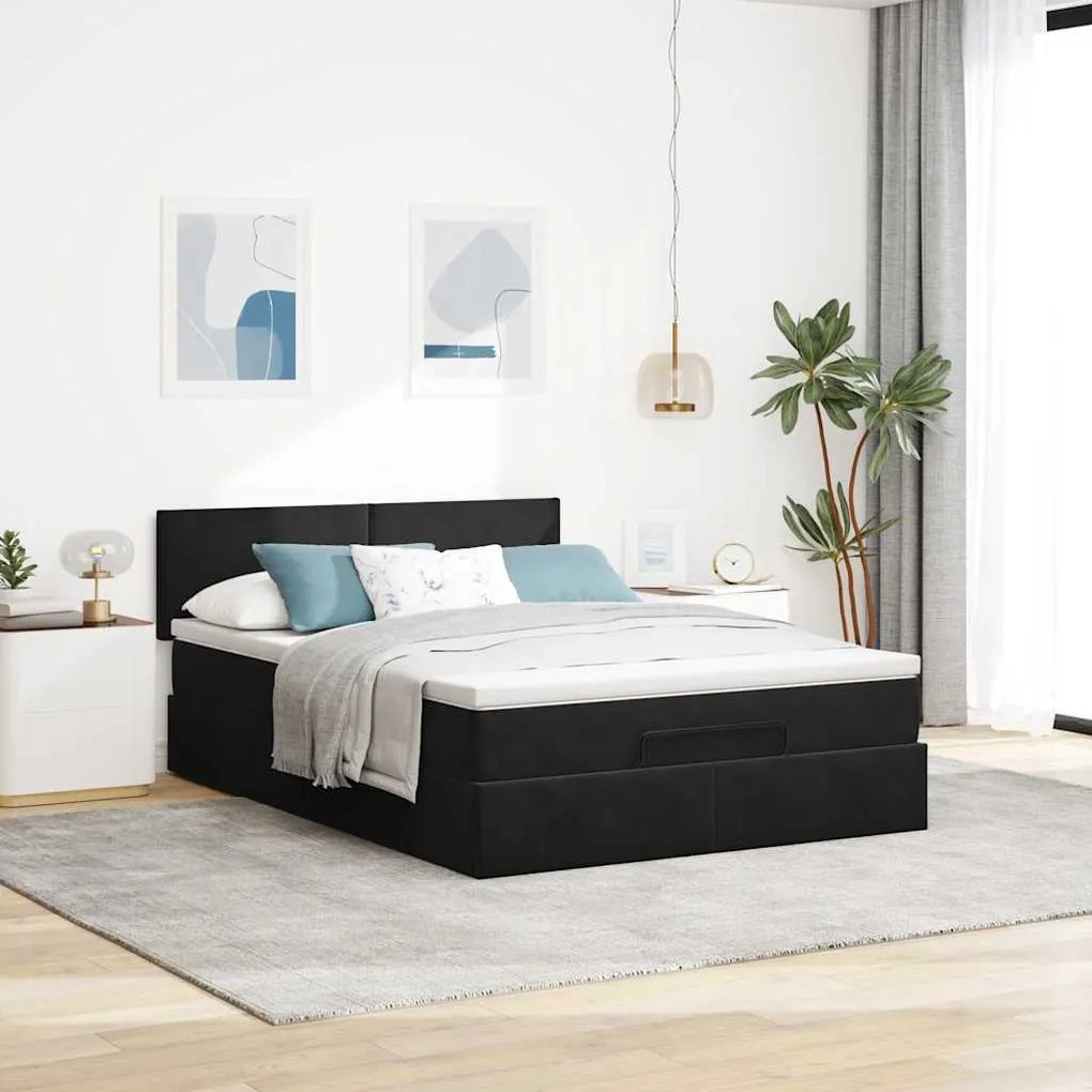 Estrutura de cama otomana com colchão 140x190 cm veludo preto