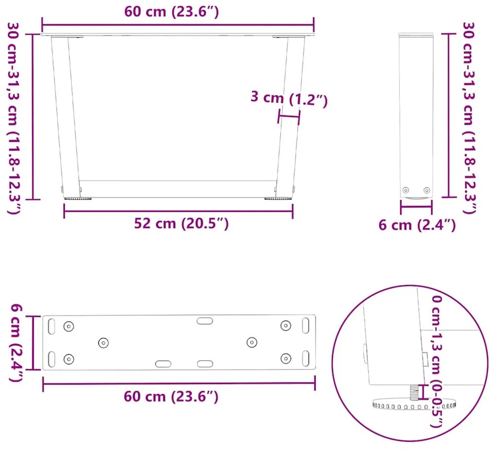 Pés para mesa de centro em V, 2 peças, antracite, 60x(30-31,3) cm, aço