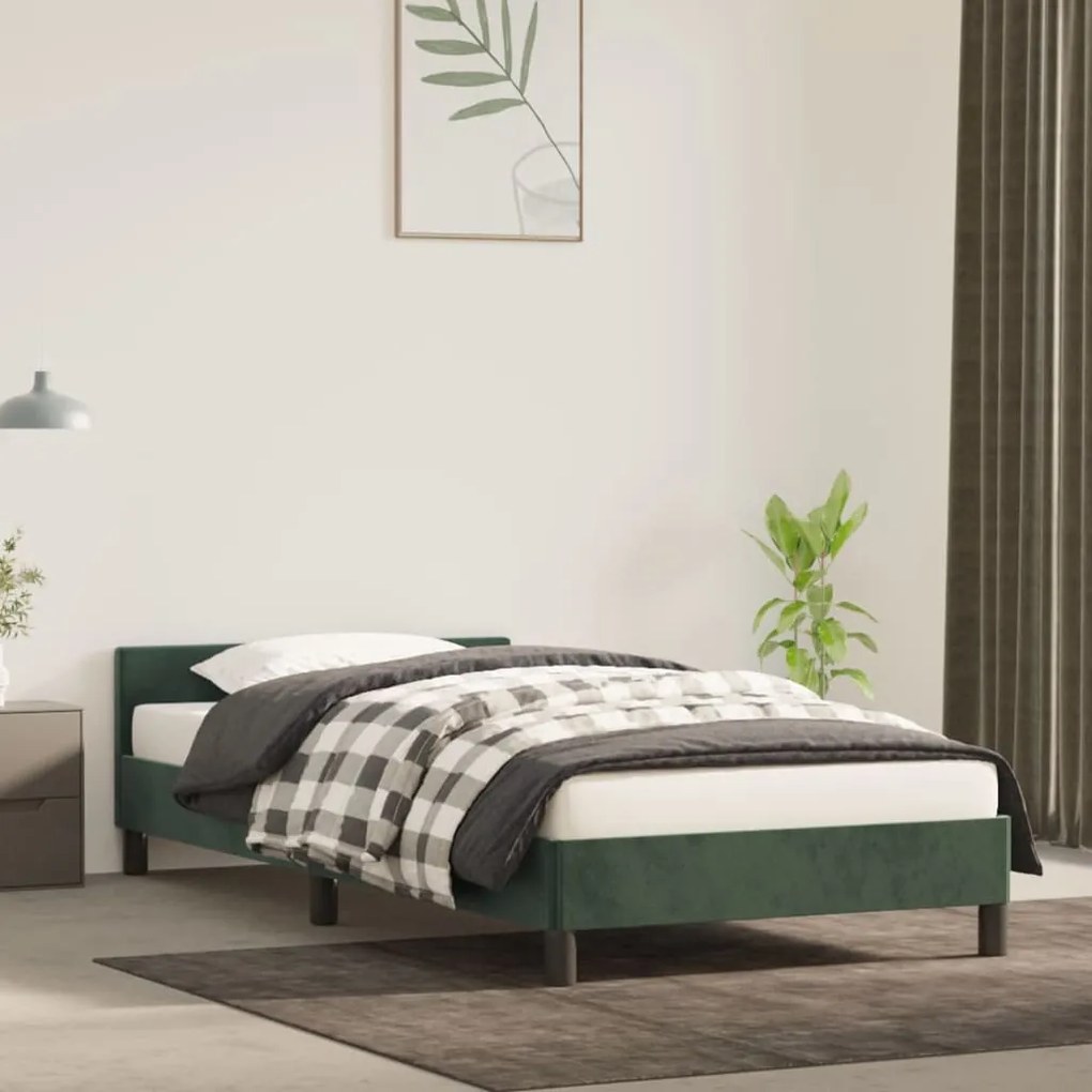 Estrutura de cama c/ cabeceira 100x200 cm veludo verde-escuro