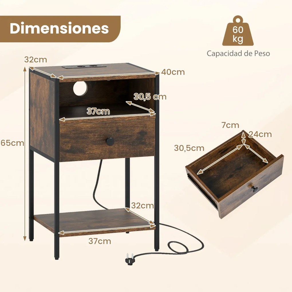 Mesa de cabeceira, mesa apoio 40 x 32 x 65 cm com estação de carregamento com Compartimento aberto Gaveta castanho rustica e preta