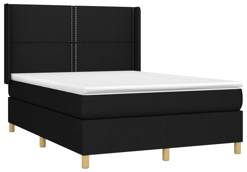 Cama box spring c/ colchão e LED 140x200 cm tecido preto
