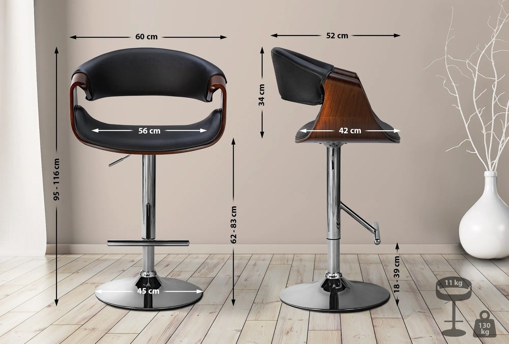 Banco de bar Foley em couro sintético com estrutura cromada 95-116 x 60 x 52 Castanho + Preto