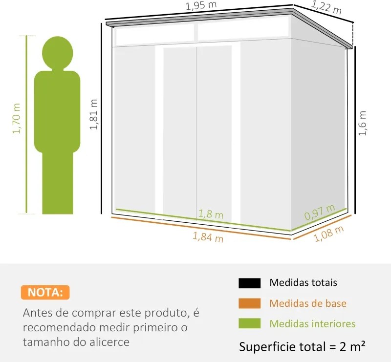 Abrigo de Jardim Exterior 2 m² 195x122x181,5 cm Abrigo Metálico com Base SEM CHÃO 2 Portas de Correr Janelas Cinza Claro