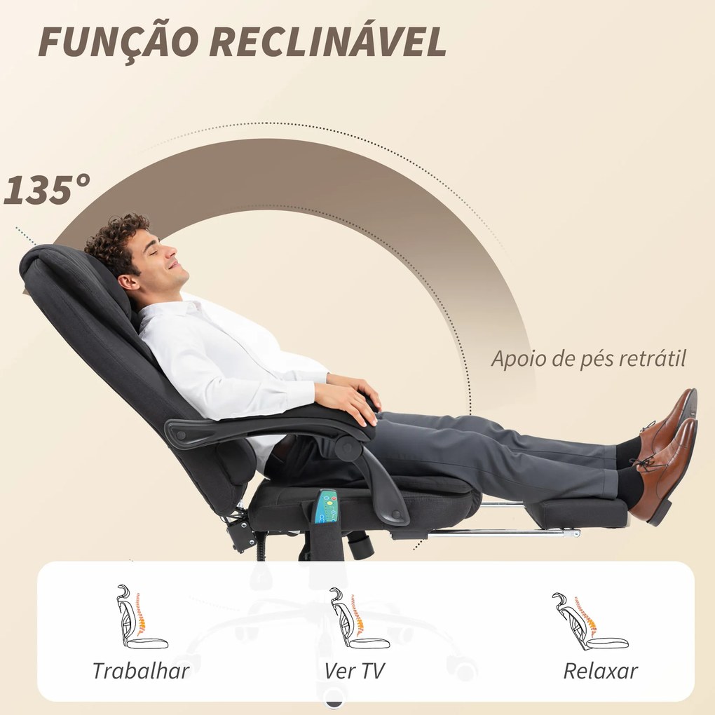 Cadeira de Escritório com 6 Pontos de Massagem Giratória com Encosto Reclinável 135º Função de Aquecimento 65x70x111-119 cm Preto