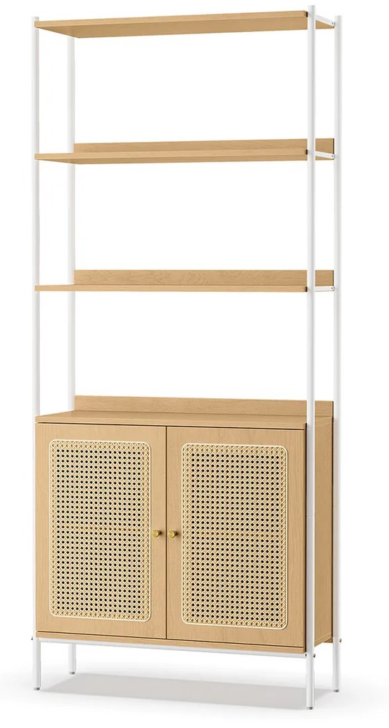 Estante alta de 6 prateleiras com portas em rattan boho | VASAGLE | 76,4 x 30 x 174,7 cm | LLS124W57.