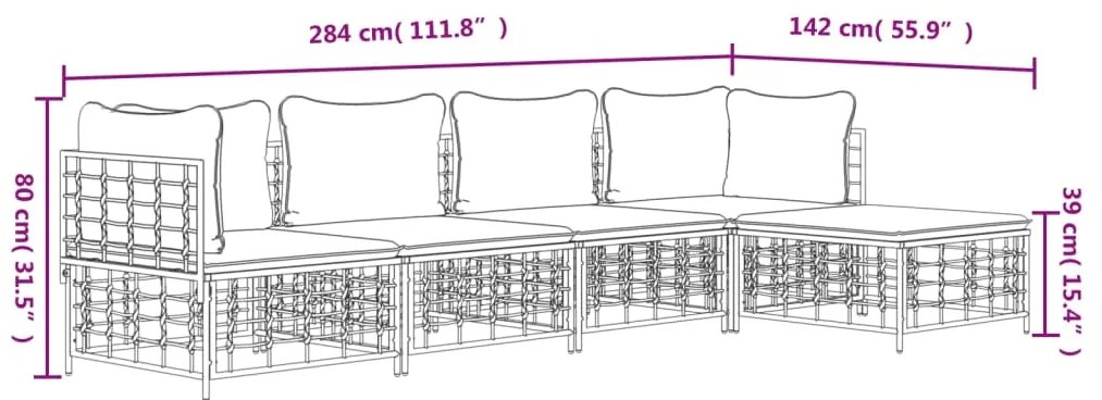 5 pcs conjunto lounge de jardim c/ almofadões vime PE antracite