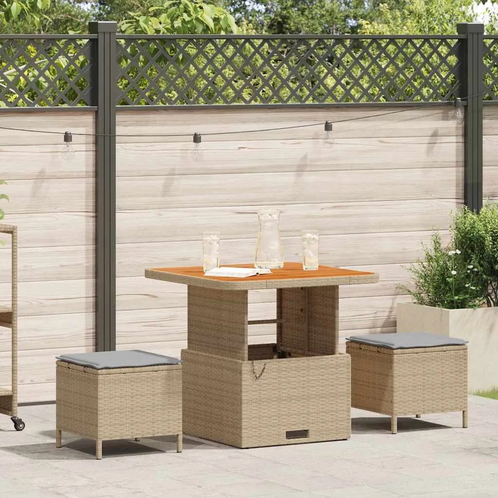 vidaXL Conjunto de Jantar para Jardim 3 Peças com Almofadas em Rattan Sintético Bege e Mesa de Acácia.