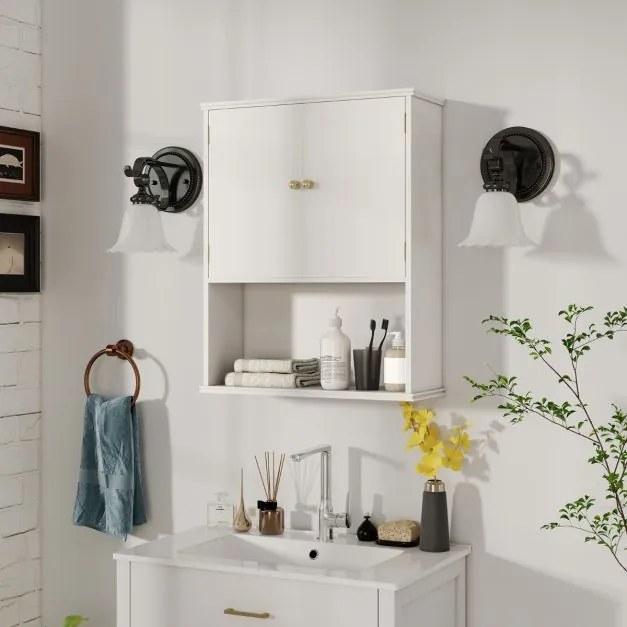 Armário de casa de banho de Parede 60 x 21 x 75 cm com 2 Portas com Prateleira Aberta e Ajustável Branco