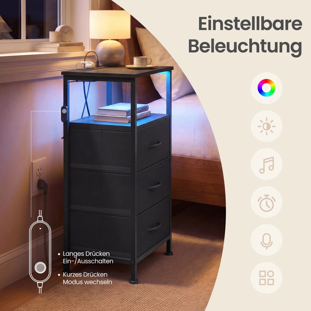 Mesa de cabeçeira com iluminação LED e base de carregamento 30 x 39,6 x 75,9 cm com 3 gavetas e compartimento aberto Preto