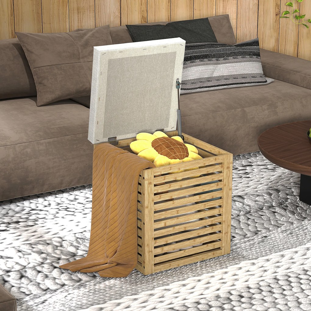 Banco com Armazenamento 57,7L Banco com Arrumação Estofado em Linho Sintético com Estrutura em Bambu 40x40x47 cm Cinza e Madeira