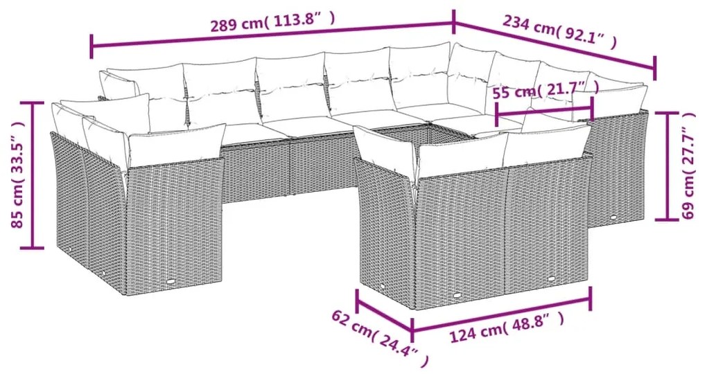 12 pcs conjunto de sofás jardim c/ almofadões vime PE cinzento