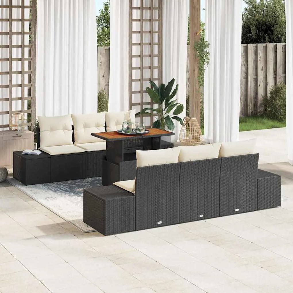 vidaXL Conjunto de Jantar de Jardim com 7 Peças e Almofadas de Rattan Poly Preto e Acácia.