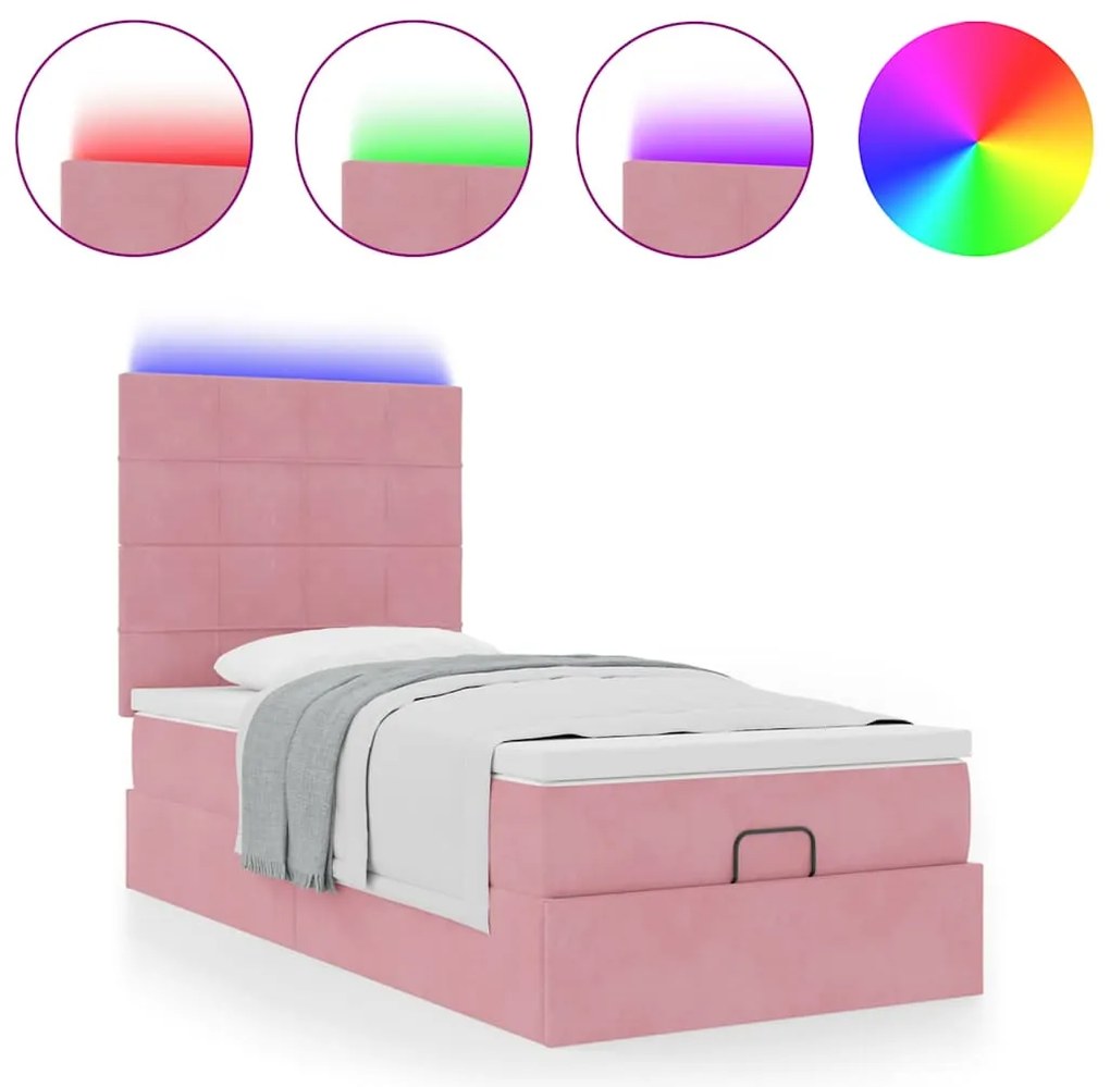 Estrutura de cama otomana com colchões rosa 90x200cm veludo