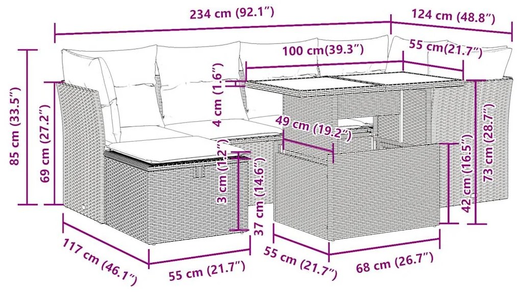 7 pcs conjunto de sofás p/ jardim com almofadões vime PE bege