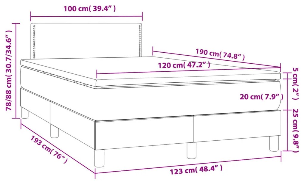 Cama box spring colchão/LED 120x190cm tecido cinza-acastanhado