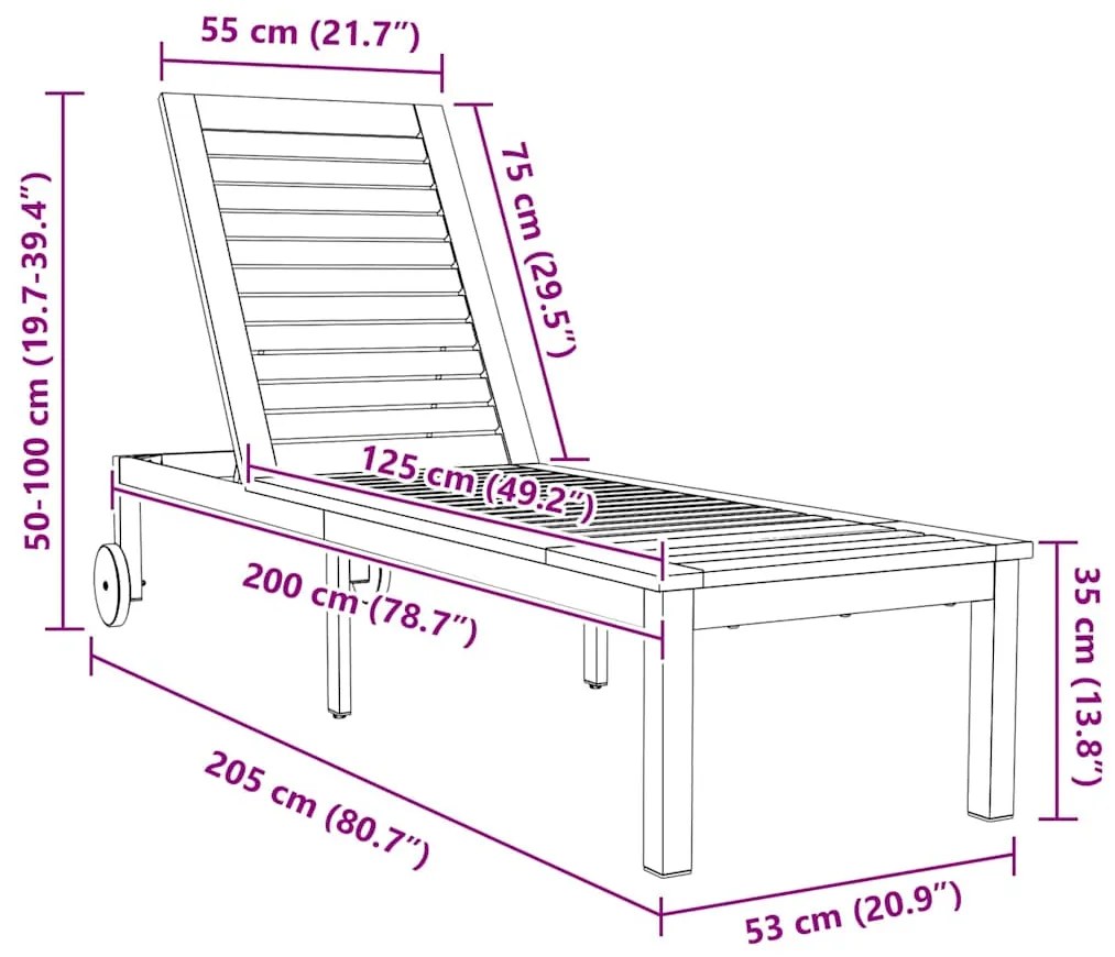 Espreguiçadeira com rodas 207x58x35 cm Madeira sólida de acácia e Aço