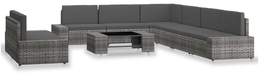 9 pcs conjunto lounge de jardim vime PE cinzento