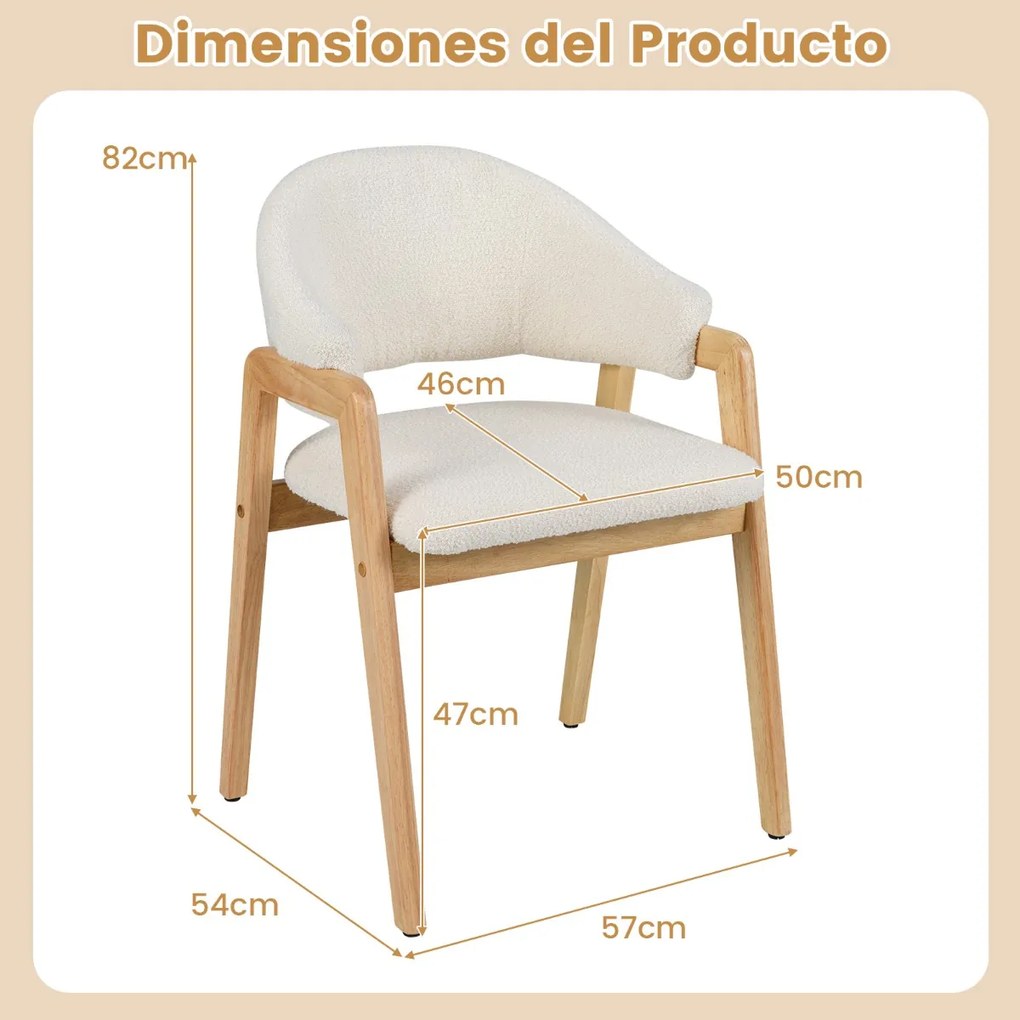 Conjunto de 2 cadeiras de jantar com assento acolchoado e encosto curvo ergonómico, estrutura em madeira de borracha branca e natural