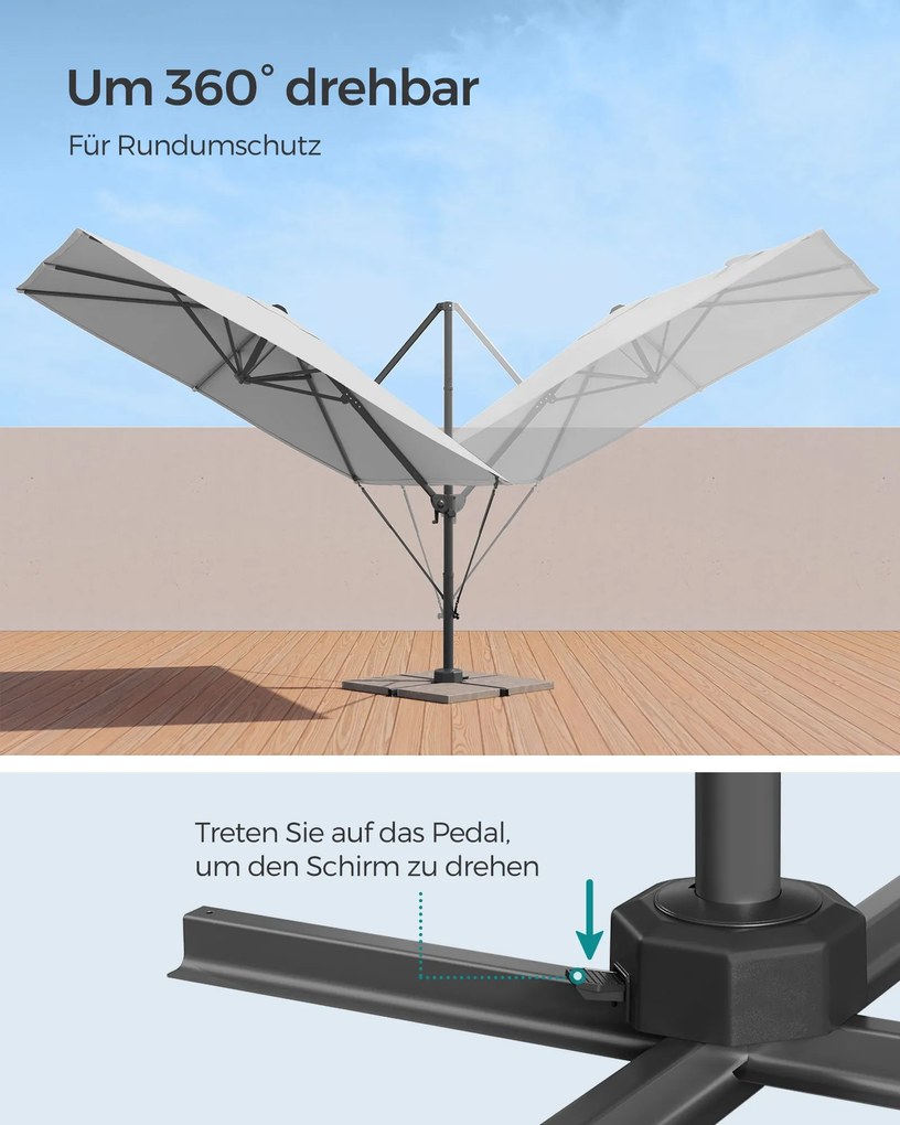 Guarda-sol retangular de 270 x 270 cm com manivela e base em cruz cinzento