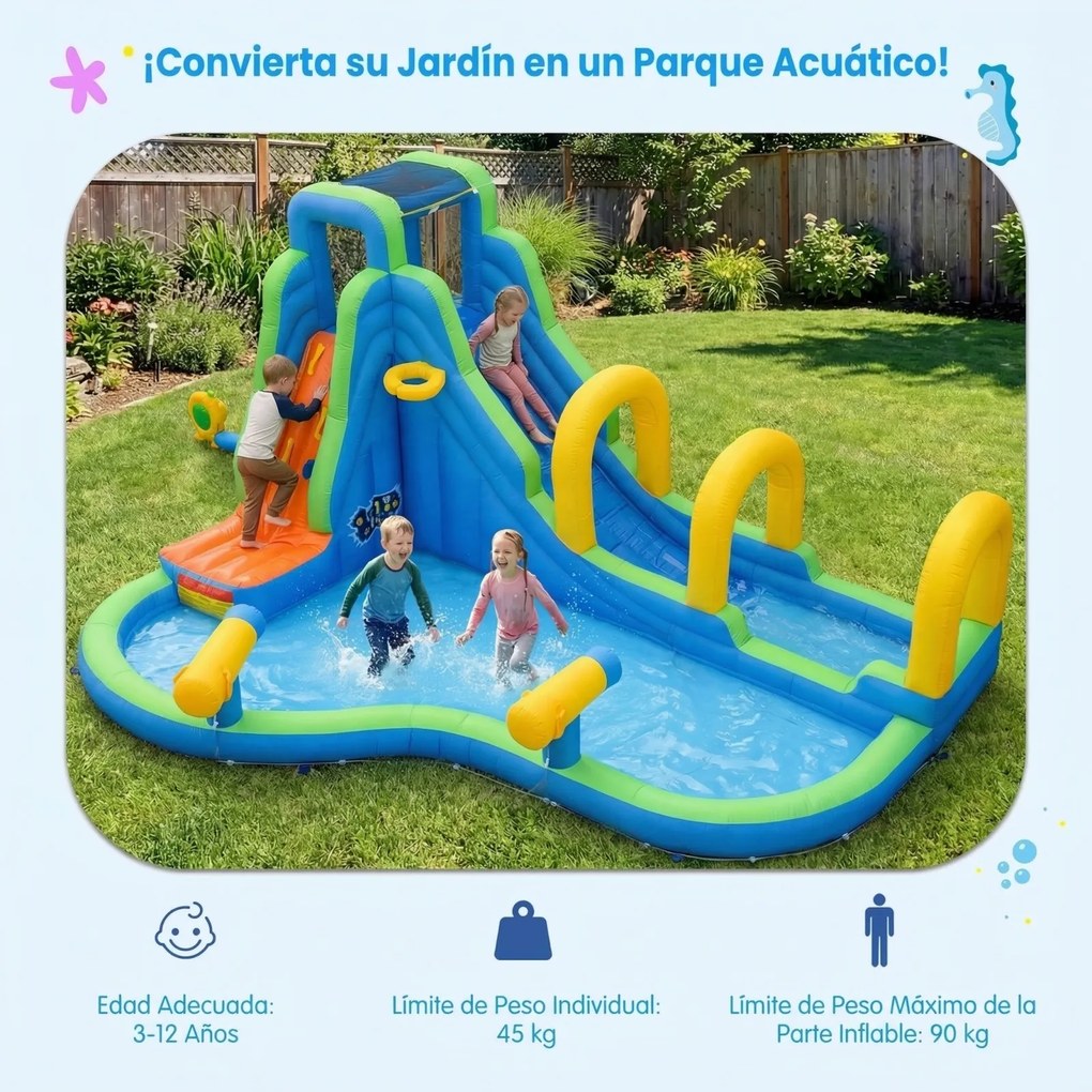Parque Aquático Castelo Insuflável com Escorrega 465 x 345 x 242 cm, Parede de Escalada, Aro de Basquetebol, Piscina, Salpicos, Ventilador de 850 W –