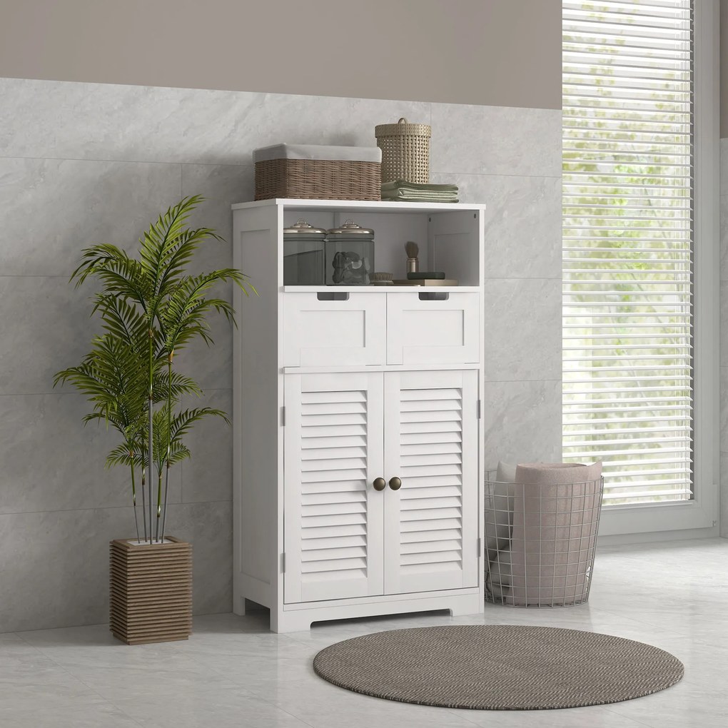 Móvel de casa de banho com 2 portas 61 x 30,5 x 109,5 cm, prateleira ajustável e 2 gavetas, compartimentos abertos, branco
