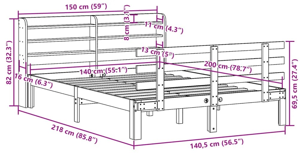 Estrutura de cama com cabeceira 140x200 cm pinho maciço