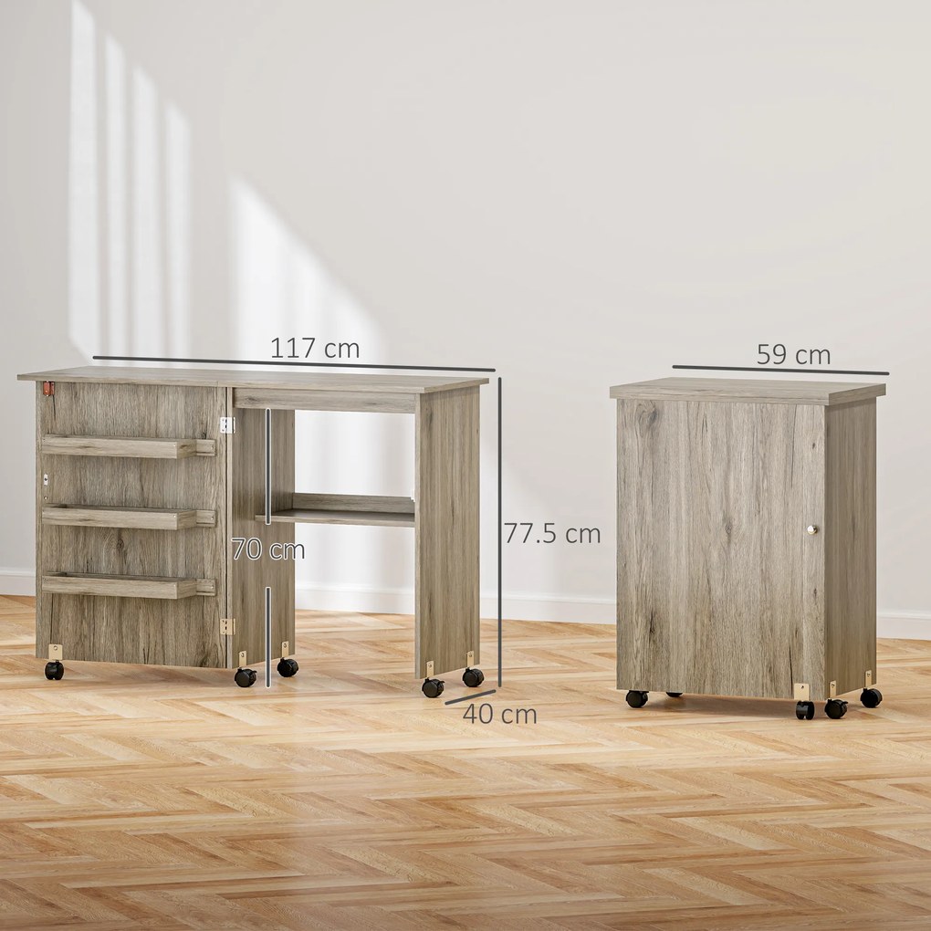 Mesa de costura dobrável 59 L x 40 P x 79,5 A cm (dobrado), móvel de costura com aba, com caixas de arrumação, prateleira aberta e rodas com efeito de