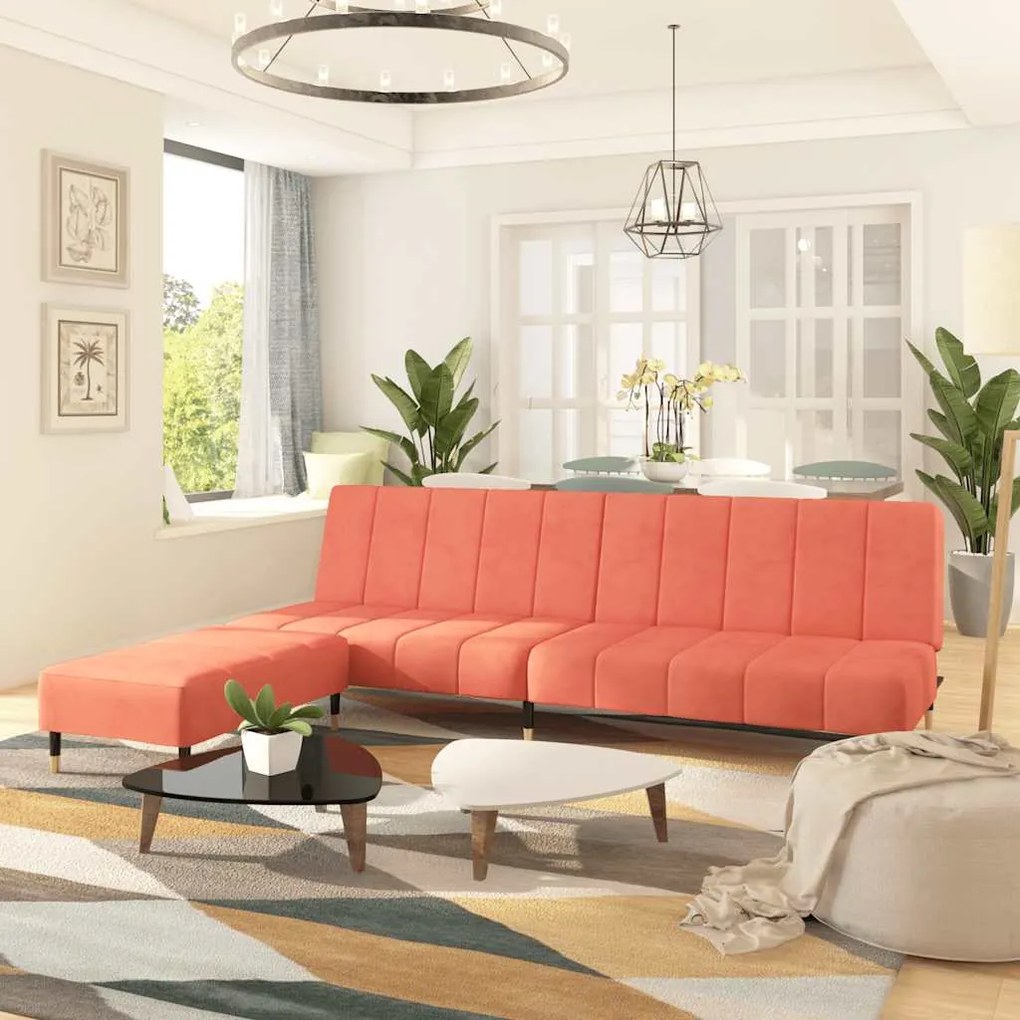 vidaXL Sofá-cama de 2 lugares com banco veludo rosa