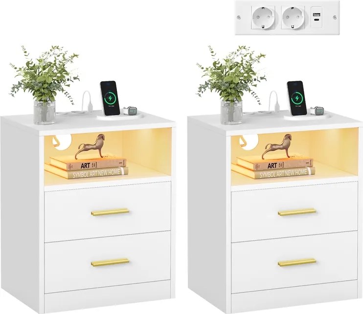 Conjunto 2 Mesas de cabeceira 35 x 40,1 x 50,2 cm com estação de carregamento e LED branco Coleção Custos Brancas