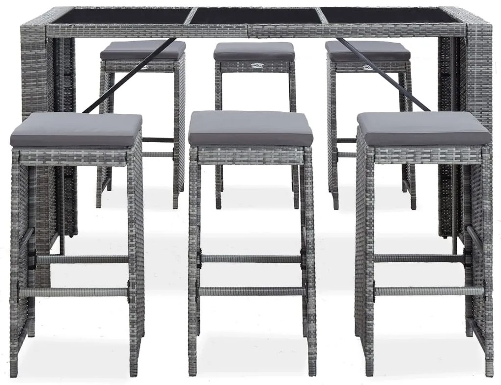 7 pcs conjunto bar para jardim c/ almofadões vime PE cinzento