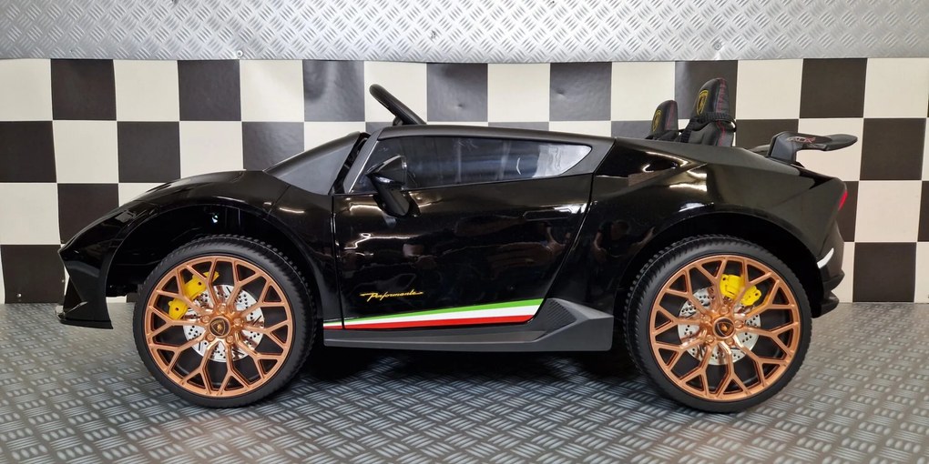 Carro elétrico para crianças Lamborghini Huracan 24 V 4x4, 2 Lugares, rodas borracha, assento pele Preto metalizado