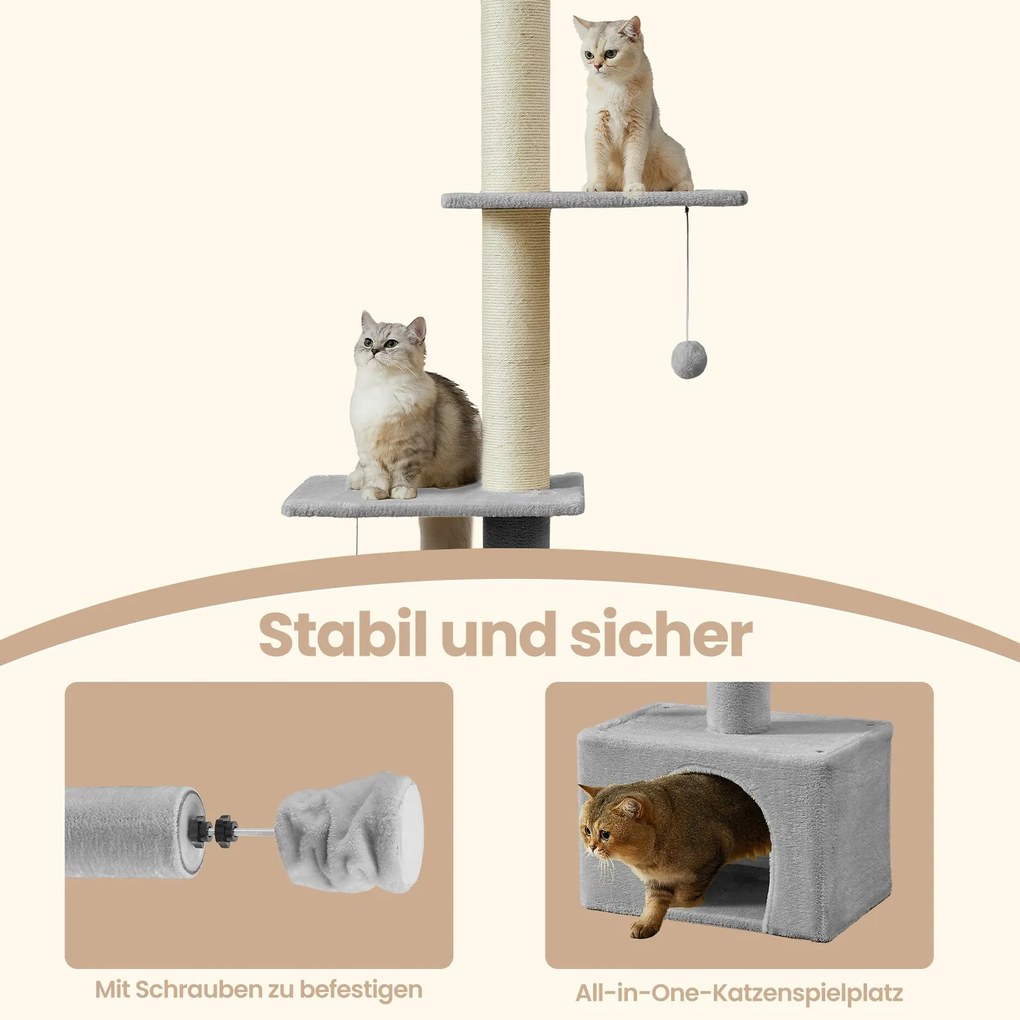 Arranhador para gatos, ajustável em altura, com vários níveis e caverna 70 x 30 x 252 cm cinzento claro