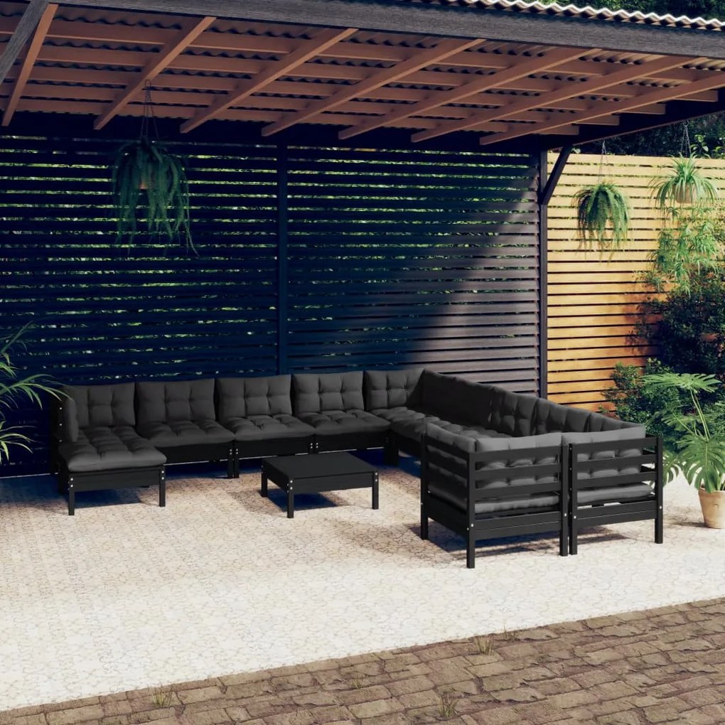 vidaXL 12 pcs conjunto lounge de jardim c/ almofadões pinho preto