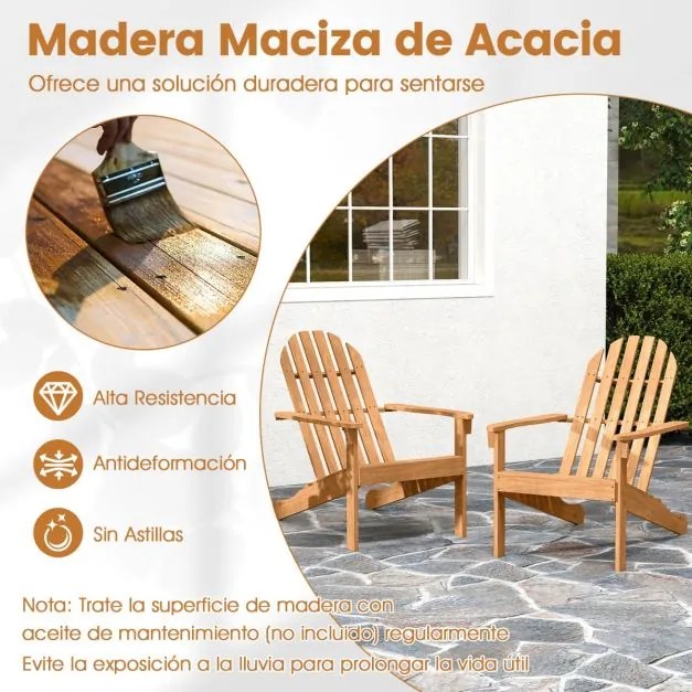 Cadeira Jardim Adirondack em madeira de acácia com assento inclinado e encosto alto ergonómico; ideal para varandas, jardins e piscinas natural