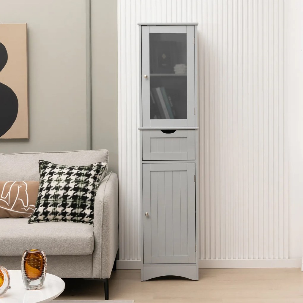 Armário Alto de Casa de Banho com 2 Portas e 1 Gaveta, 40 x 30 x 170 cm, Prateleiras Ajustáveis, Cinzento