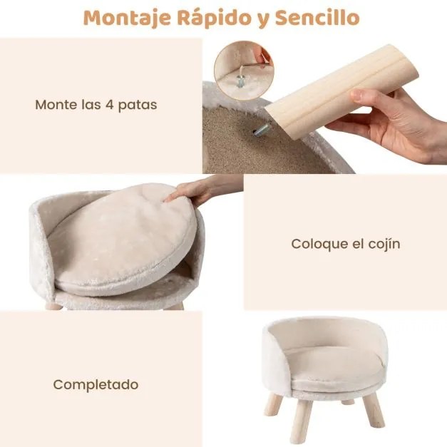 Sofá-cama para cães de 42 cm para animais de estimação com almofada redonda acolchoada 4 pernas de madeira de pinho Bege, Natural