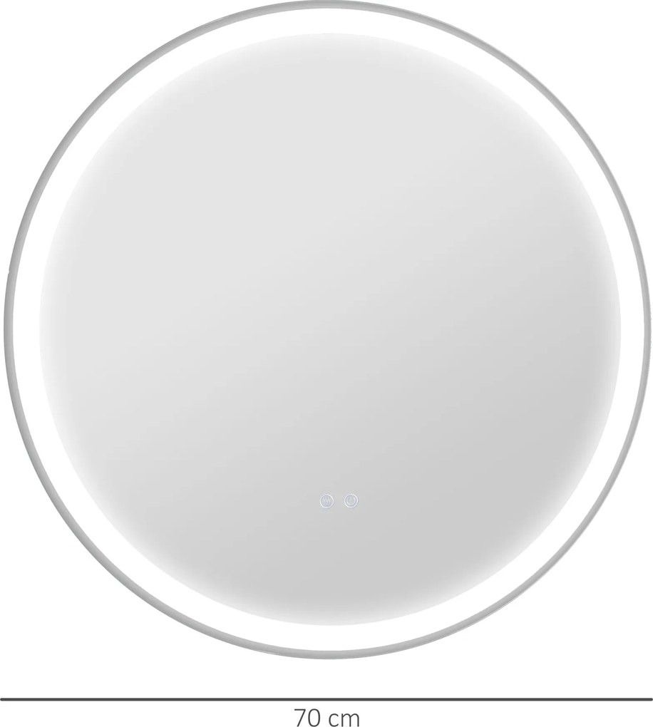 Espelho de Casa de Banho Redondo, 70 x 70 x 3,4 cm, Iluminação LED Regulável, Branco e Prateado