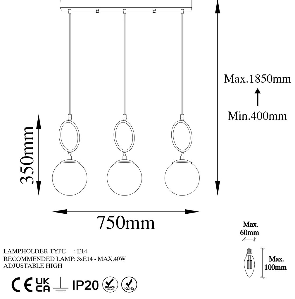 Chandelier Ring – Preto – 75 cm Largura x 185 cm Altura Máx.
