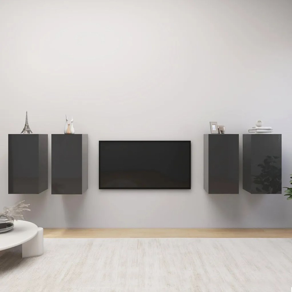 vidaXL Móveis de TV 4 pcs 30,5x30x60 cm contraplacado cinzento brilhante