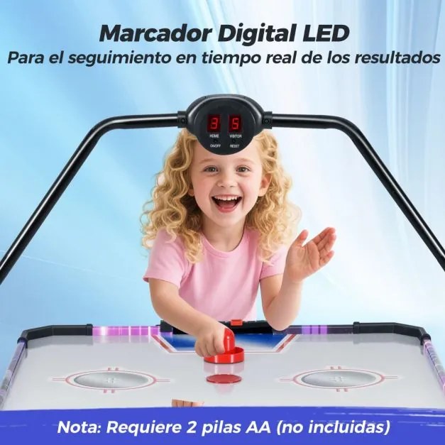 Mesa de Air hóquei Crianças com marcador digital LED Motor potente de 12 V e 2 discos e 2 empurradores 144 x 68 x 81 cm Branco