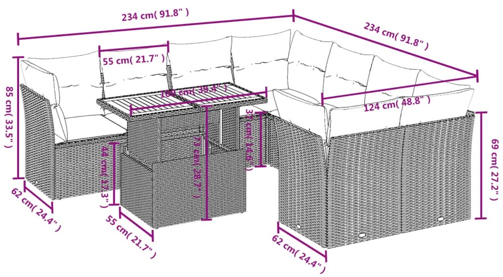 9 pcs conjunto de sofás p/ jardim com almofadões vime PE bege