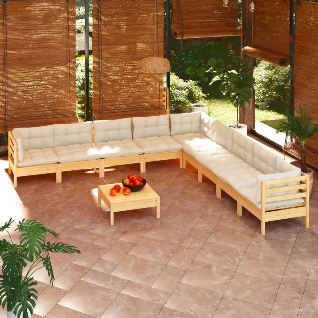 vidaXL 10 pcs conjunto lounge jardim c/ almofadões creme pinho maciço