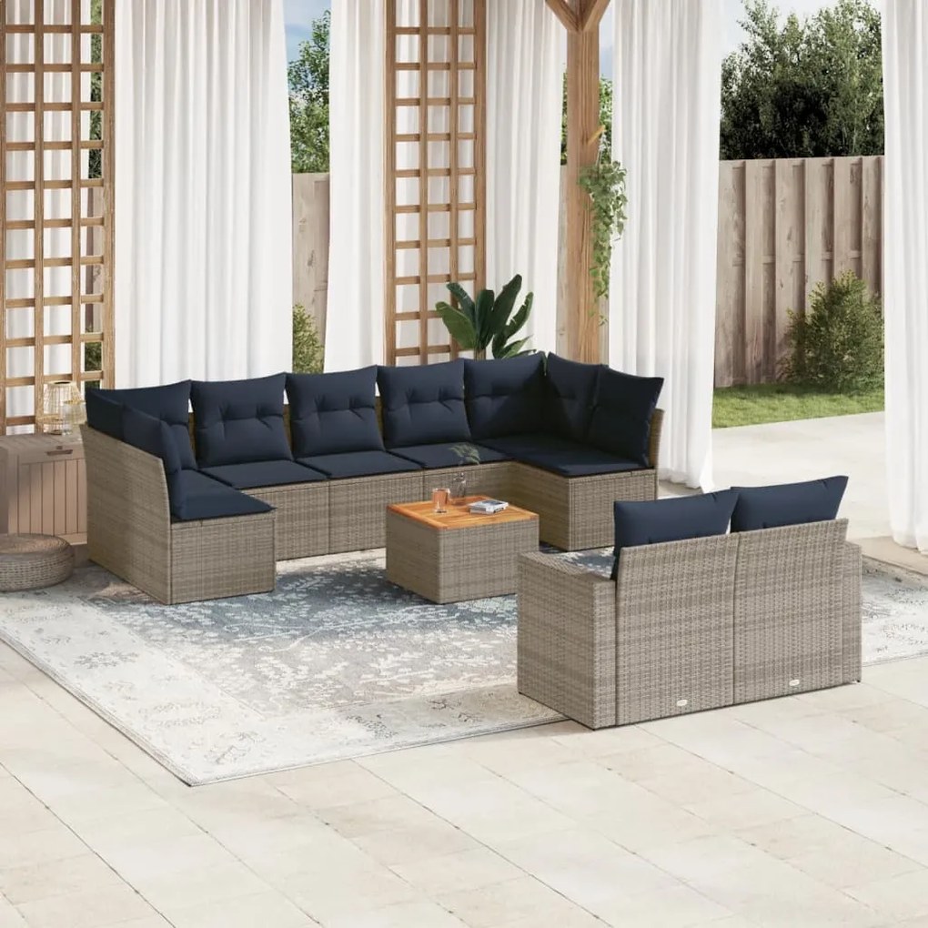 10 pcs conjunto sofás p/ jardim c/ almofadões vime PE cinzento