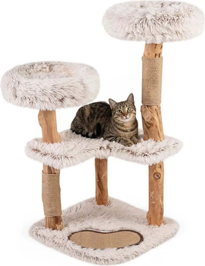 Arranhador para gatos de madeira 48 x 48 x 101 cm com interior boho luxuoso, 2 poleiros almofadados, postes para arranhar, tapete removível natural e