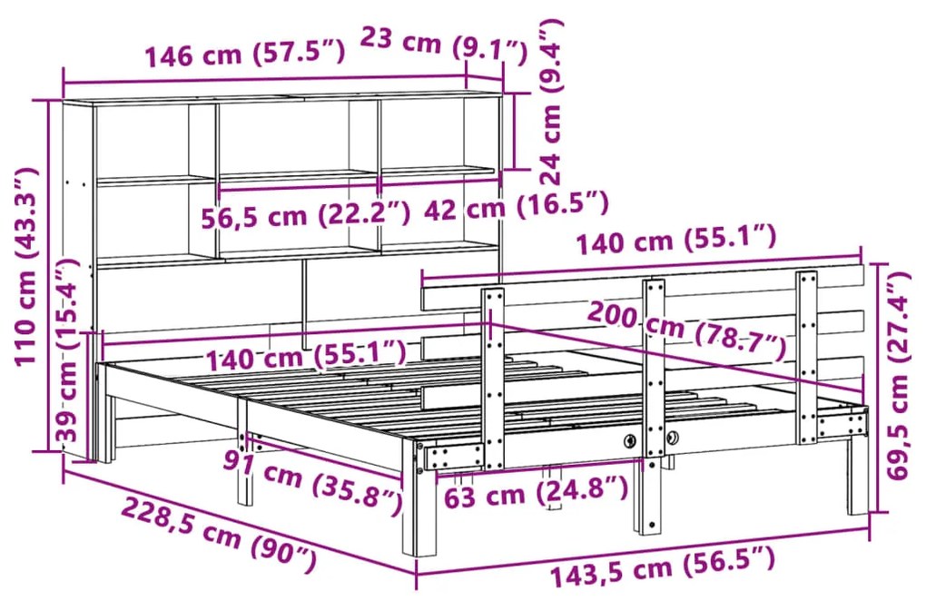 Cama com estante sem colchão 140x200 cm pinho maciço