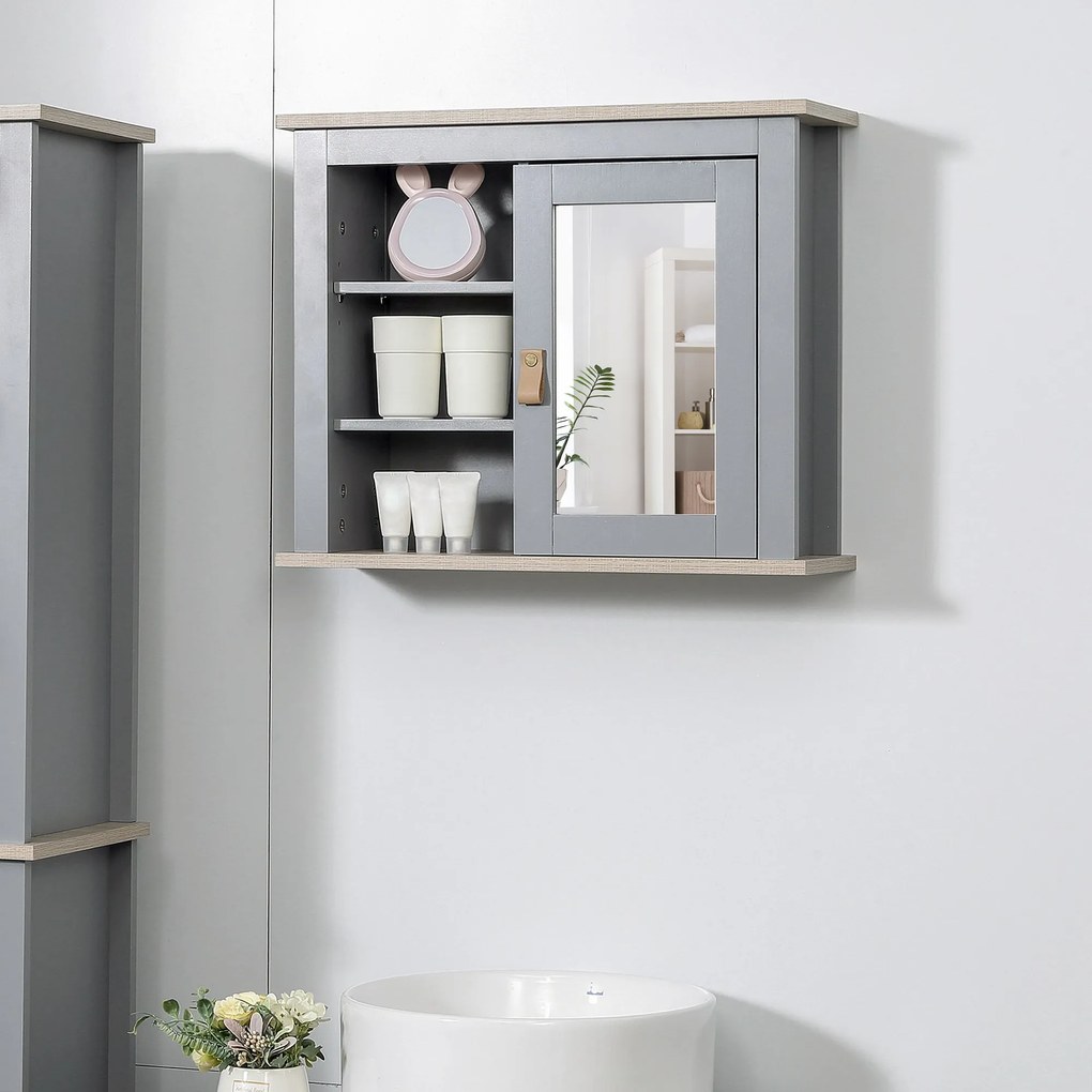 Kleankin Armário de banheiro com espelho Armário auxiliar de parede com 1 porta e prateleiras ajustáveis amplo Espaço de armazenamento para cozinha 60x19x49 cm Cinza