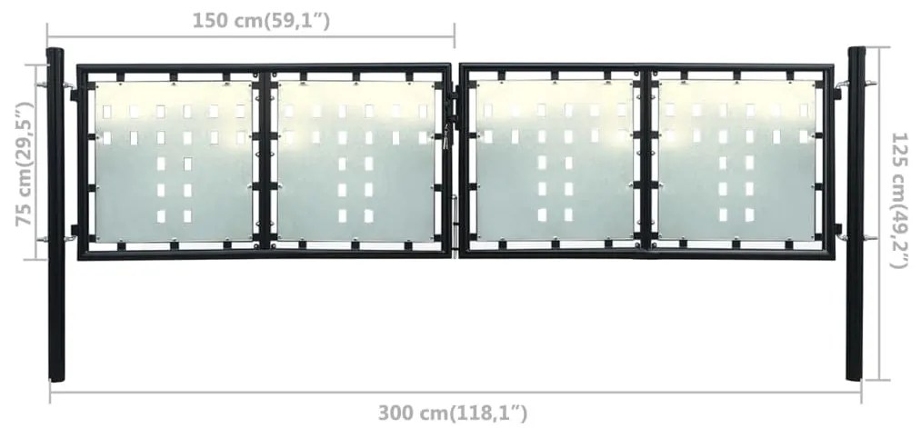 Portão de cerca com porta única 300x125 cm preto