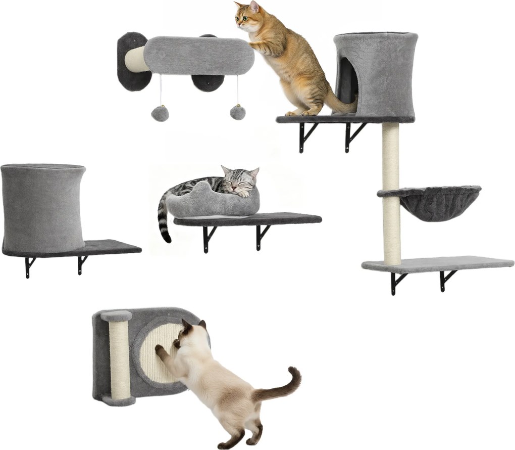 Prateleiras de parede para gatos, árvore de arranhar de parede, 5 peças, 2 compartimentos abertos, rede, plataformas e arranhadores em sisal cinzento